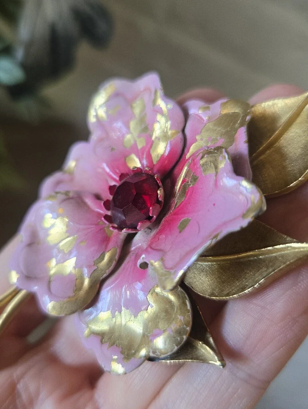Vtg Peony Rhinestone Flower Brooch, Mid-Century, Bohemian
